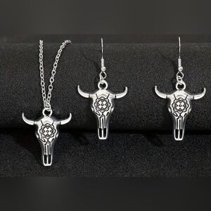 3pcs Earrings Plus Necklace Western Jewelry Set Silver Bull Head Design